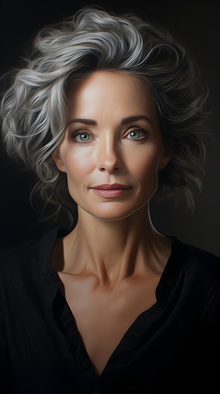 ai generated, woman, face, middle age, grey hair, avatar, character, portrait