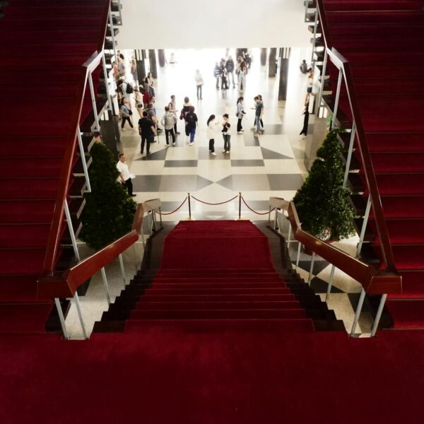Elegant red-carpeted staircase inside a historic Vietnamese building.