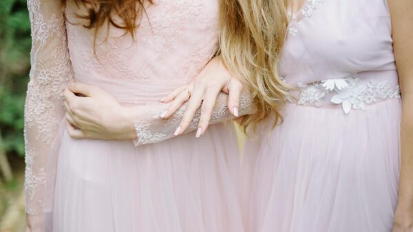 Close-up of bridesmaids in elegant, soft pink gowns showcasing intricate lace details outdoors.