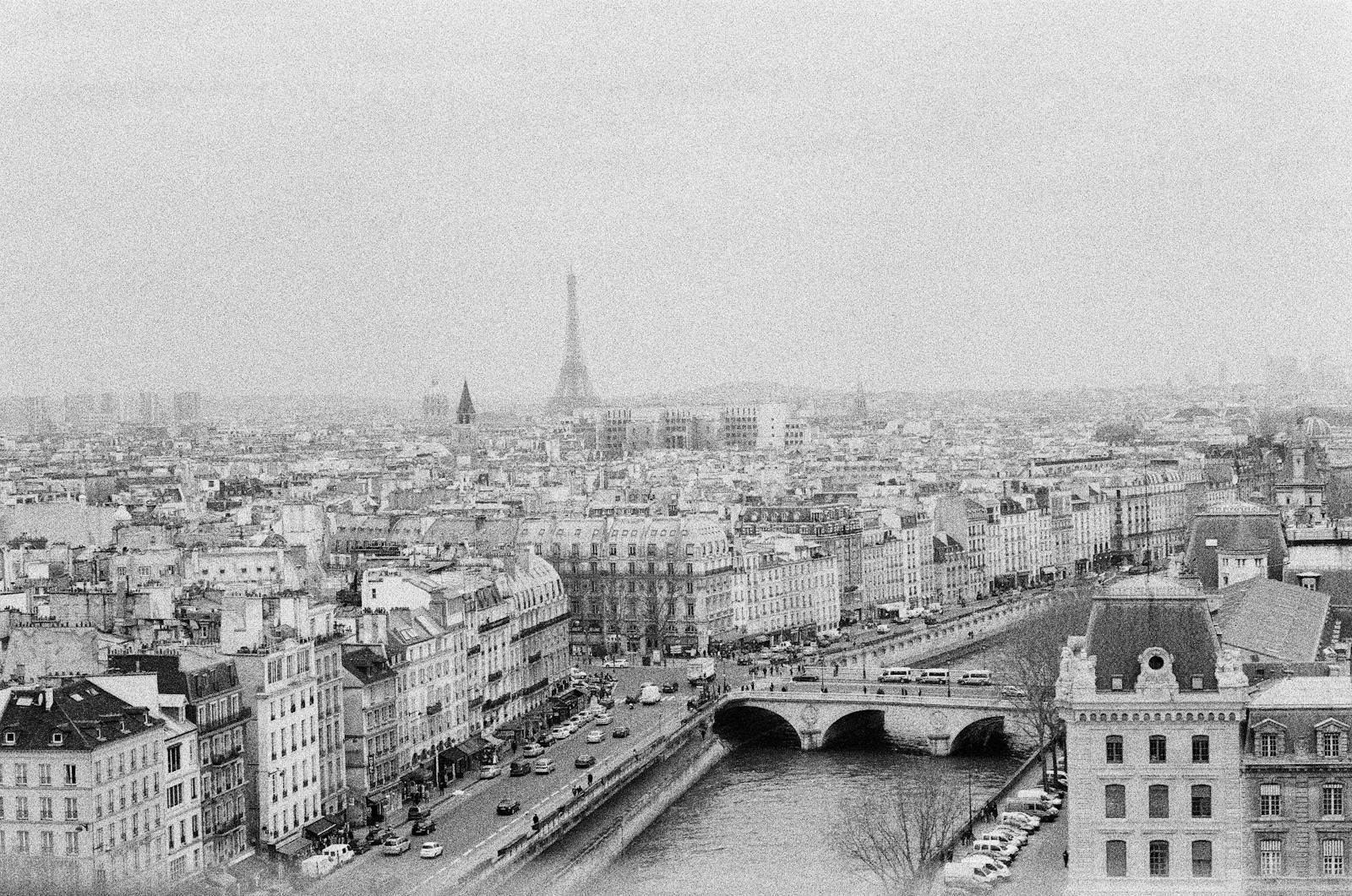 Stunning black and white aerial view of Paris showcasing the Eiffel Tower and historic architecture.