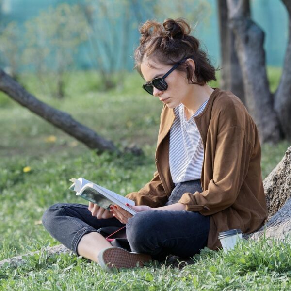 girl, book, sunglasses, casual, reading, sitting, grass, park, relaxation, spring, lifestyle, root, tree, snapshot, nature, recreation, lecture, culture, young, free time
