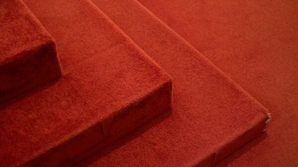 Detailed view of red carpeted stairs, highlighting texture and design.
