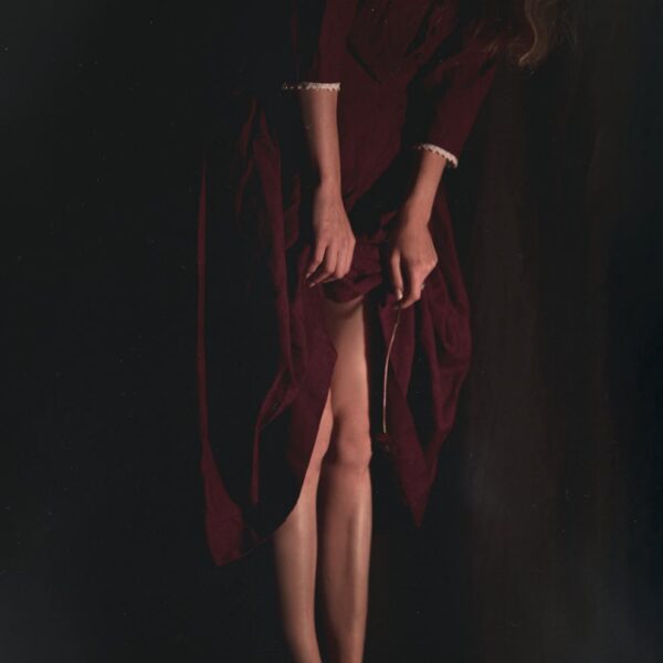 Artistic portrait of a woman in a dark red dress, showcasing elegance and fashion in a studio setting.