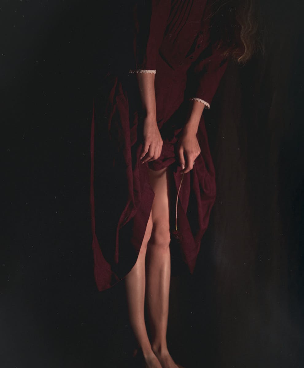 Artistic portrait of a woman in a dark red dress, showcasing elegance and fashion in a studio setting.