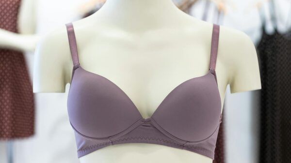 Purple bra displayed on a mannequin in a clothing store, showcasing elegant design.