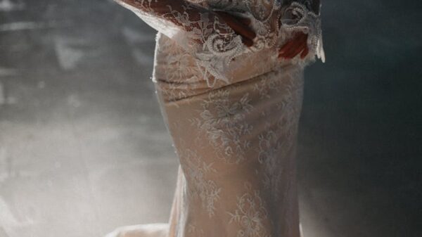A beautifully detailed lace wedding dress worn by an adult female in soft, dramatic lighting.