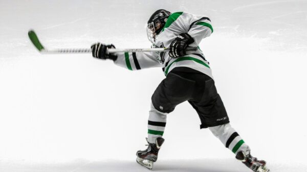 man wearing green and white ice hockey jersey while playing