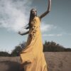 woman, portrait, fashion, young, girl, clothes, emotional, expression, people, beauty, attractive, human, beautiful, yellow, dress, sand, single, pose, nature, goddess, mythology, sky