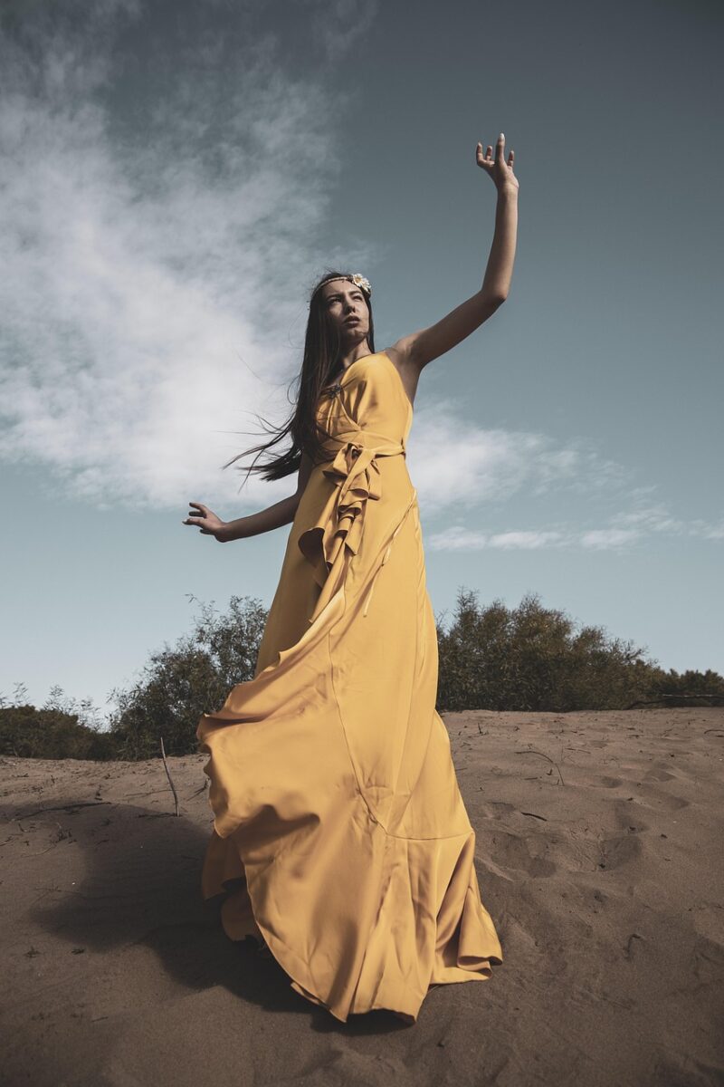 woman, portrait, fashion, young, girl, clothes, emotional, expression, people, beauty, attractive, human, beautiful, yellow, dress, sand, single, pose, nature, goddess, mythology, sky