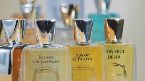 Close-up of premium glass perfume bottles with elegant designs. Perfect for fragrance branding and luxury marketing.