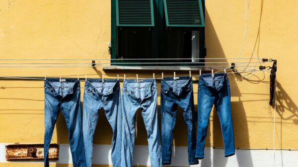 five blue denim jeans hanged on grey cable near window