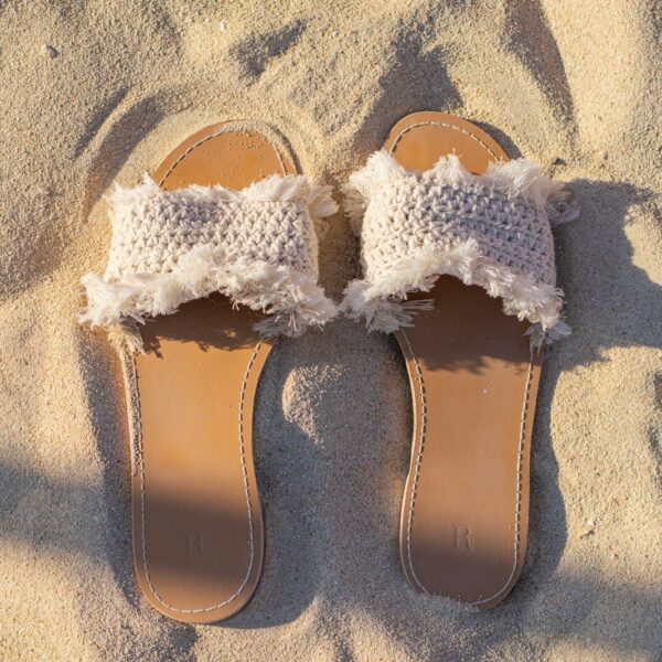 brown and white leather sandals