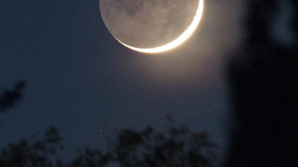 a crescent moon is seen in the night sky