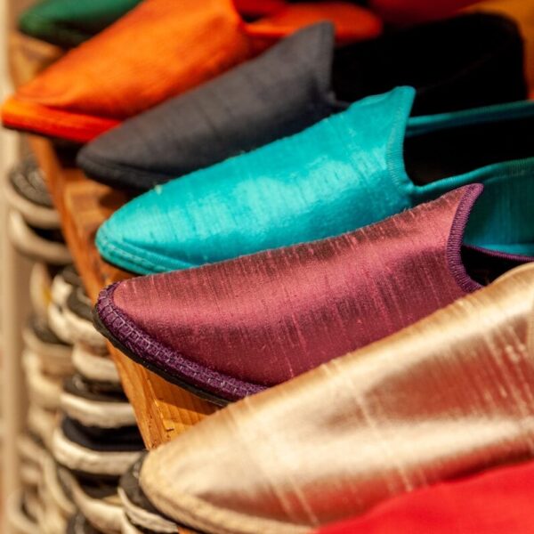 red and blue leather shoe