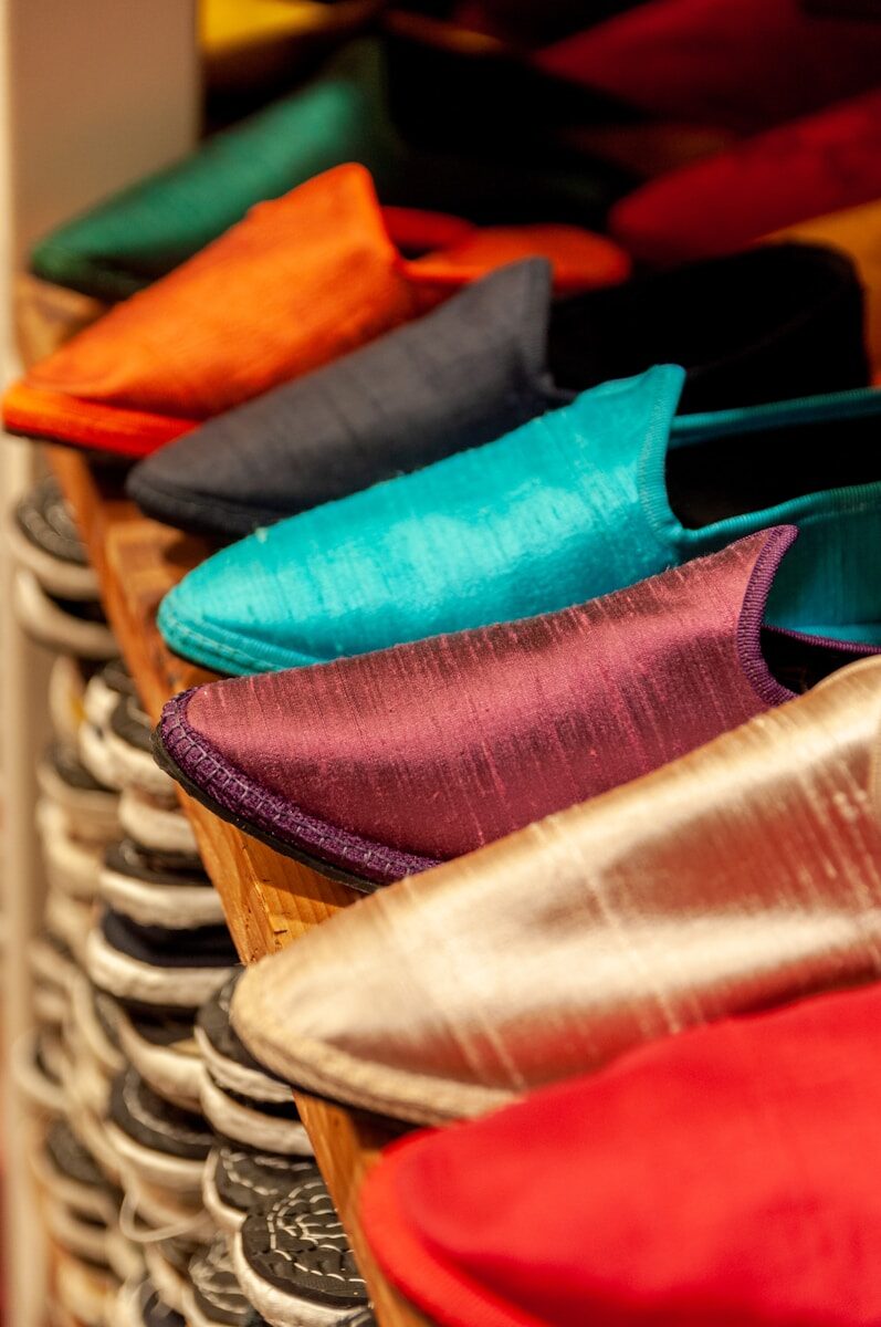 red and blue leather shoe