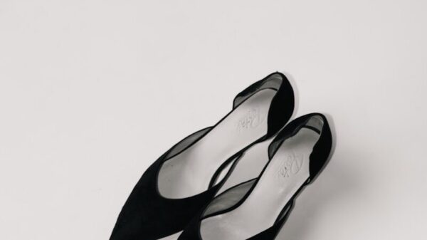a pair of black shoes sitting on top of a white surface