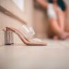 white and brown leather peep toe heeled shoes