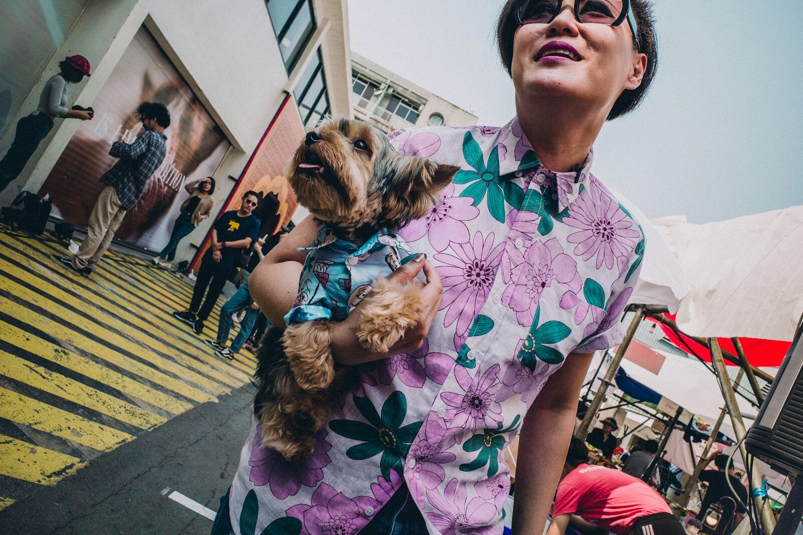 woman walking whiled holding puppy