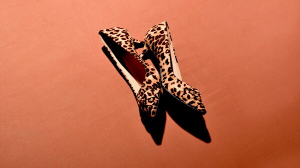 a pair of leopard print shoes on a pink background