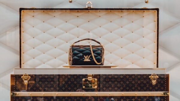a louis vuitton trunk with a handbag on top of it