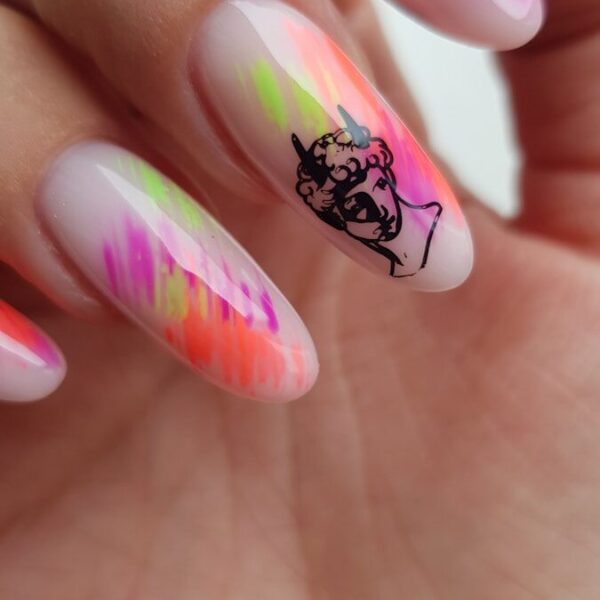 Nails with abstract neon paint and classical bust art.